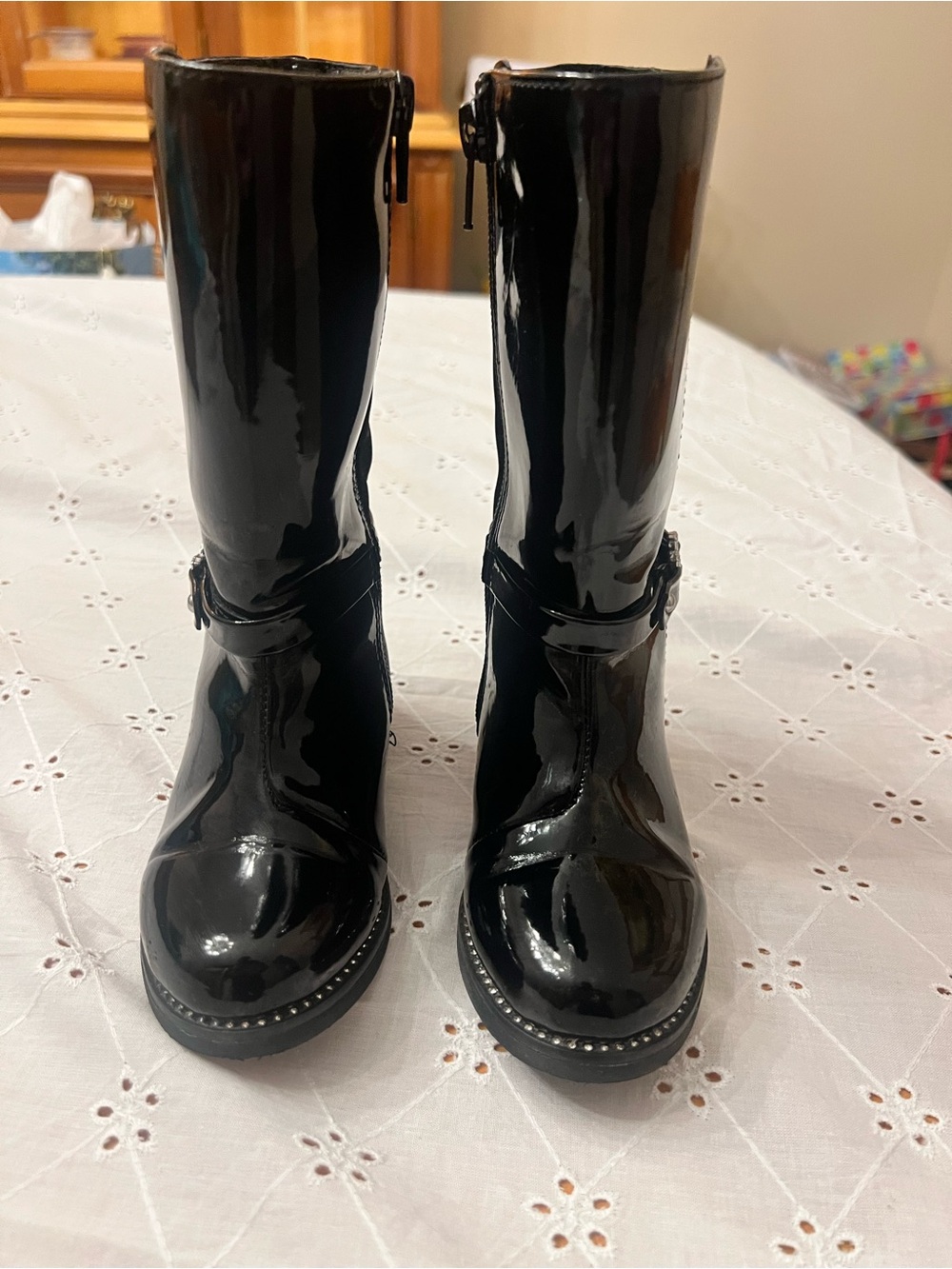 Toddler size 8 girls Black Patent Mid-Calf Boots - Sleek Zip & Buckle Design